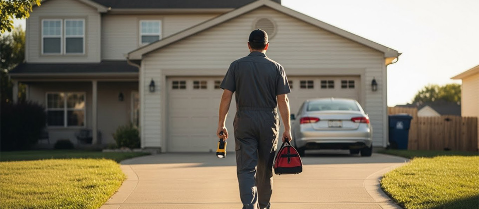 Mechanic walking toward a parked car with tools